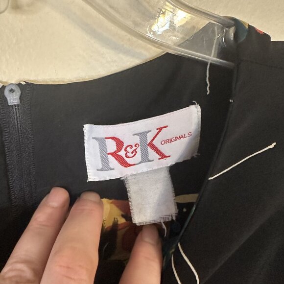 Vtg Womens Black Midi Dress Abstract Floral Print Shift 90s Sleeveless Rayon - Picture 7 of 7